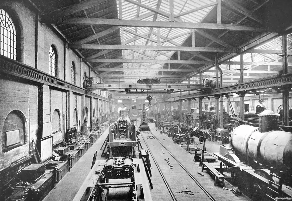 The erecting shop of the LNWR locomotive works at Crewe around 1890